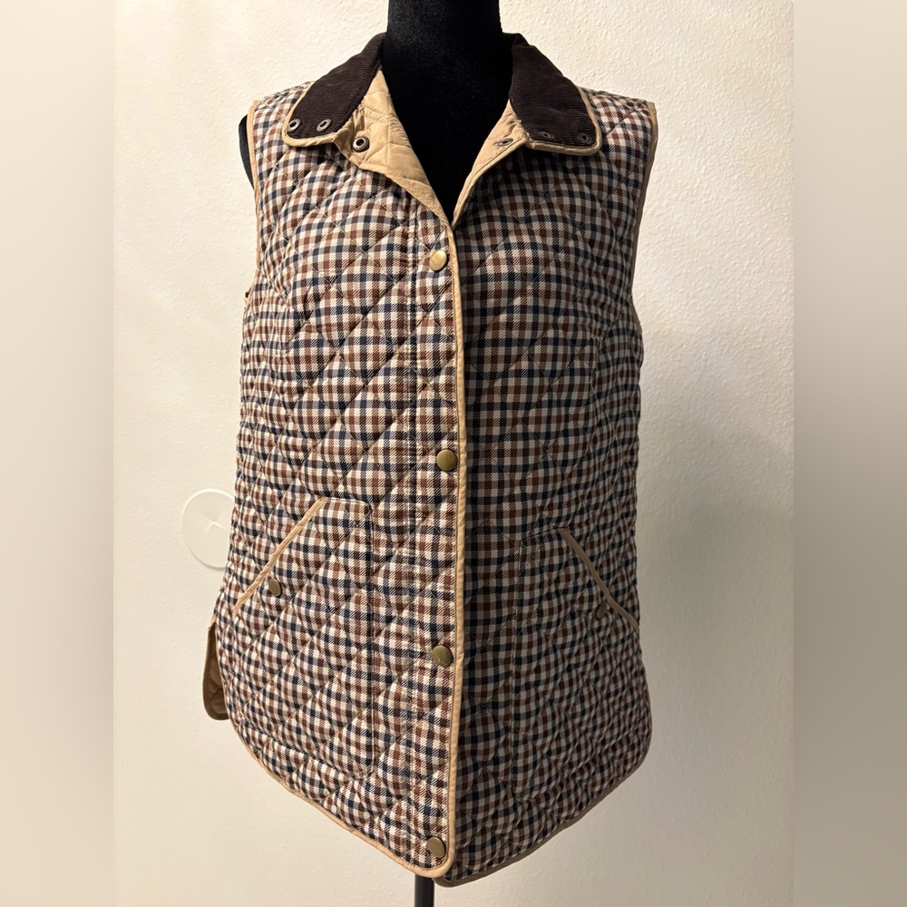 LAND AND Quilted Plaid Vest in Brown, Navy & Cream